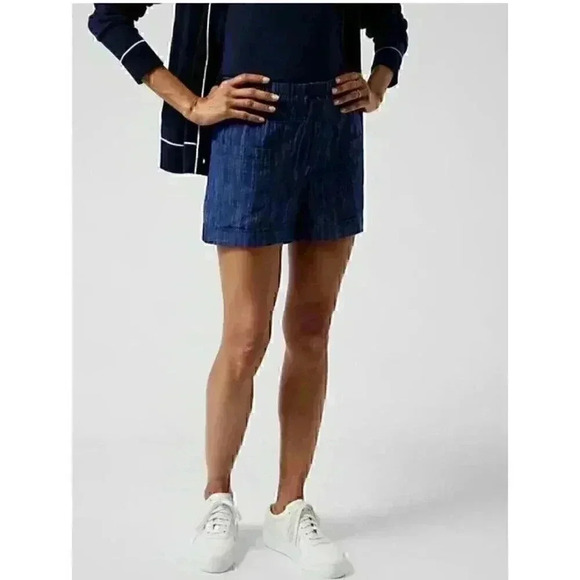 Athleta Women's 4" Short Blue Stripe Cabo Linen Textured Resortwear Travel Beach - Picture 2 of 11